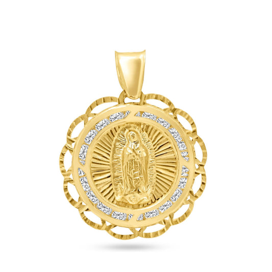 14 Karat Yellow Gold Filigree Diamond Cut CZ Guadalupe Saint Christian Pendant