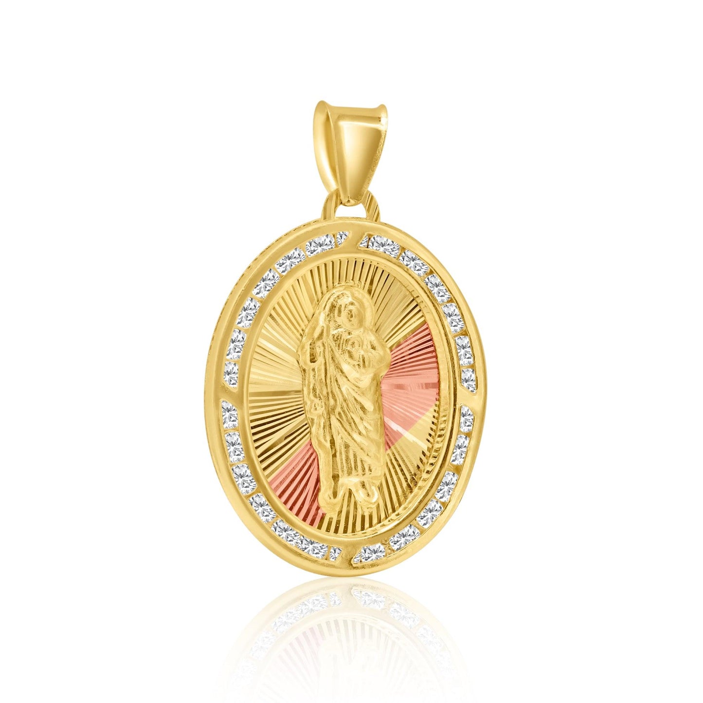 14 Karat Yellow Gold 3 Tone Diamond Cut CZ St Jude Catholic Saint Halo Pendant