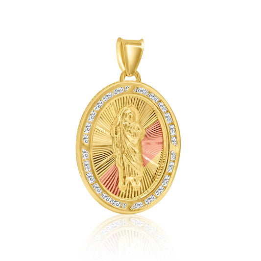 14 Karat Yellow Gold 3 Tone Diamond Cut CZ St Jude Catholic Saint Halo Pendant