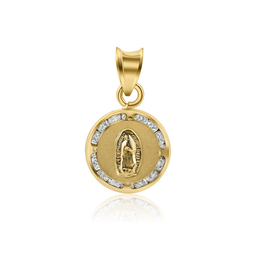 14 Karat Yellow Gold Guadalupe CZ Christian Catholic Saint Medallion Pendant