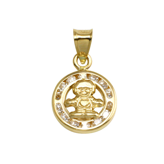 14k Yellow Gold CZ Disc Cute Family Person Halo Small Tiny Pendant