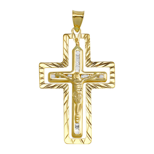 14 Karat Yellow Gold CZ Double Cross Christian Jesus Crucifix Charm Pendant
