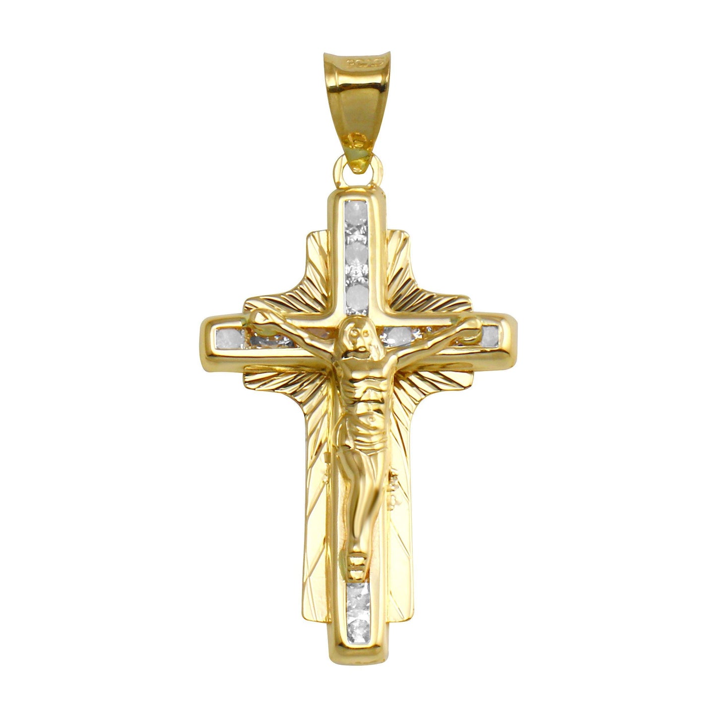 14 Karat Yellow Gold Diamond-Cut White CZ Cross Christian Jesus Pendant