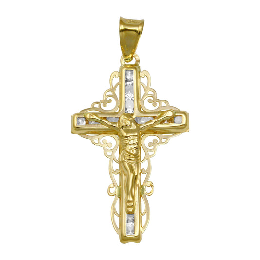 14 Karat Yellow Gold CZ Filigree Cross Christian Crucifix Jesus Pendant