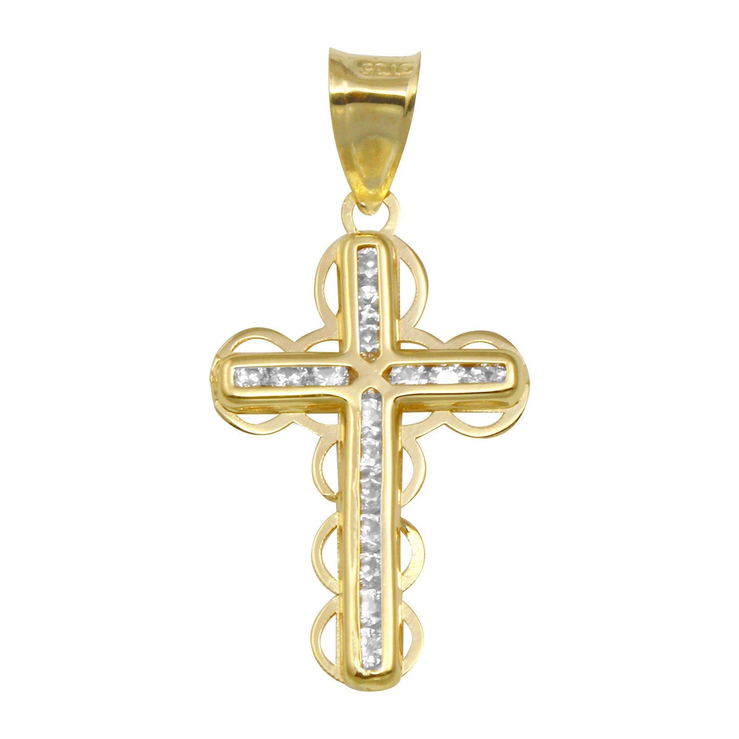 14 Karat Yellow Gold White CZ Bubble Cross Love Knot Christian Jesus Pendant