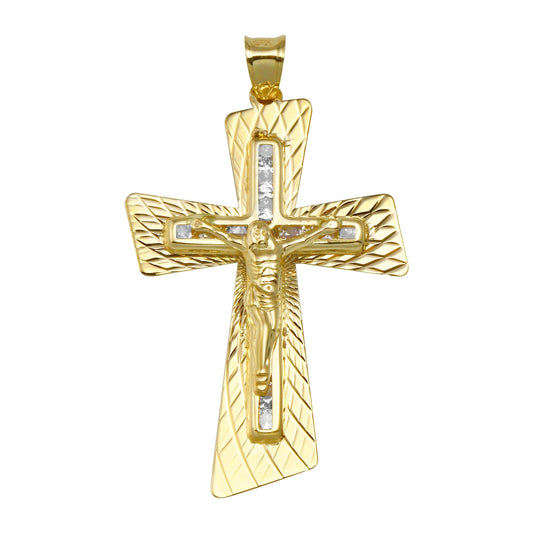 14 Karat Yellow Gold Tri Color DC CZ Cross Crucifix Jesus Christian Pendant