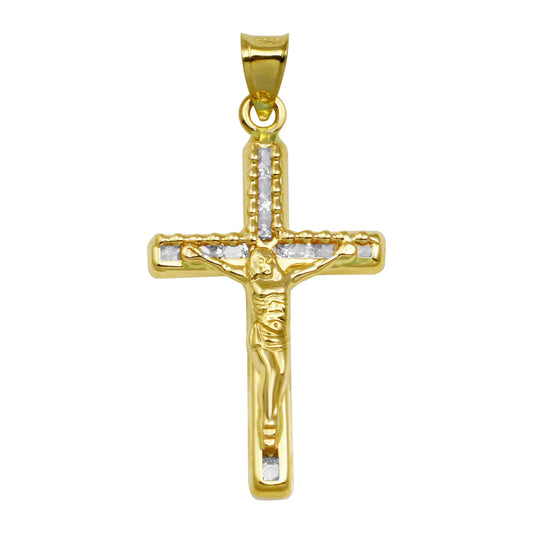 14 Karat Yellow Gold White CZ Cross Jesus Crucifix Christian Catholic Pendant