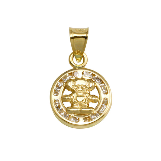14 Karat Yellow Gold CZ Clown Person Family Heart Love Small Disc Pendant