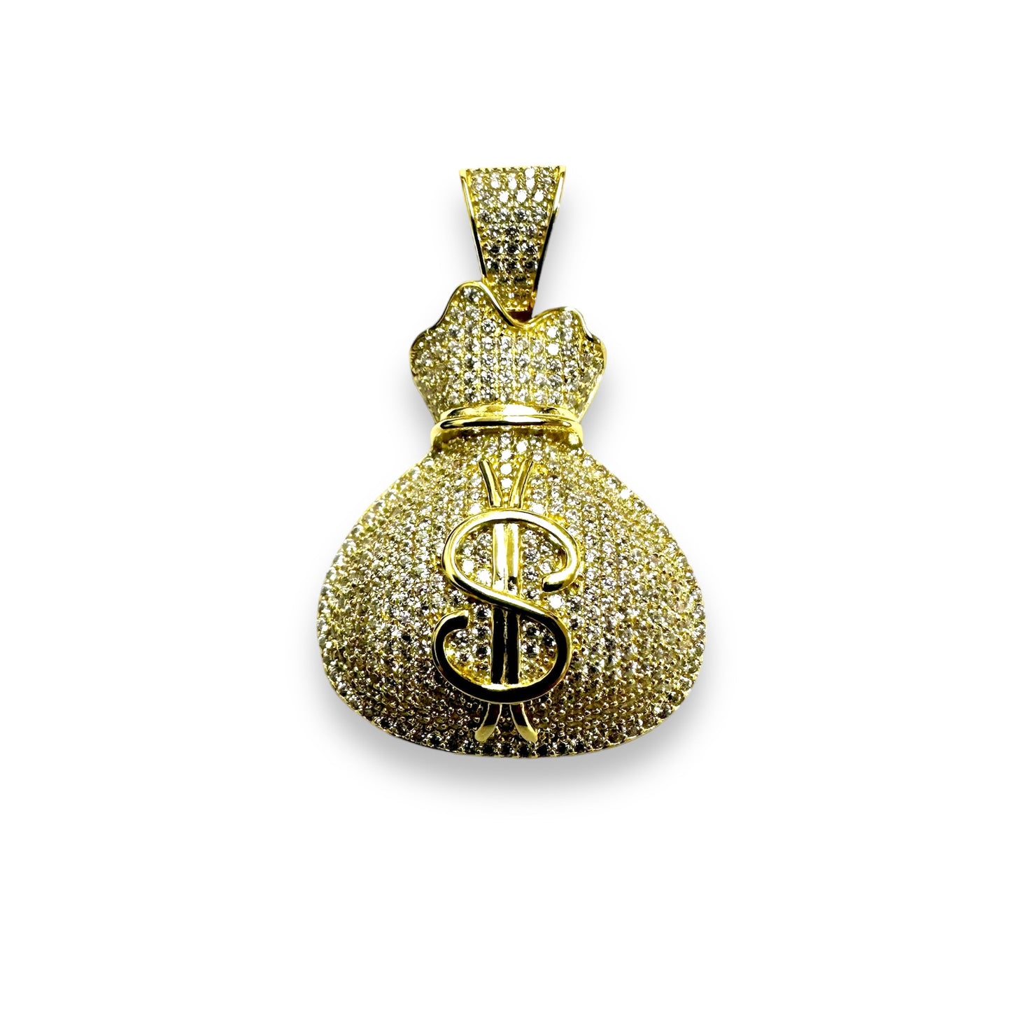 Gold Plated 925 Sterling Silver CZ Money Bag Hip Hop Pendant Cash $ Charm