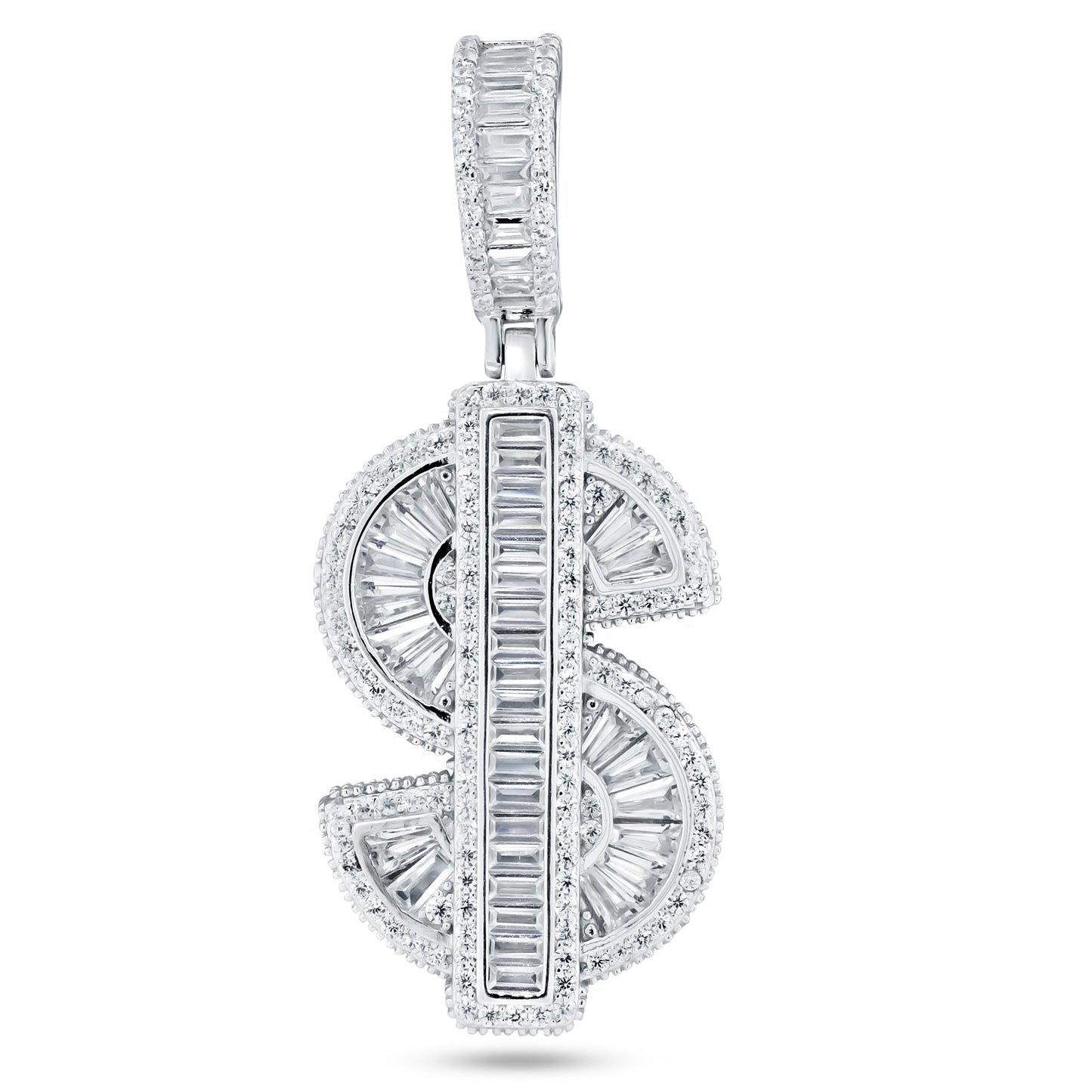 Rhodium Plated 925 Sterling Silver White CZ Dollar Sign Hip Hop Cash $ Pendant
