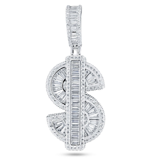Rhodium Plated 925 Sterling Silver White CZ Dollar Sign Hip Hop Cash $ Pendant