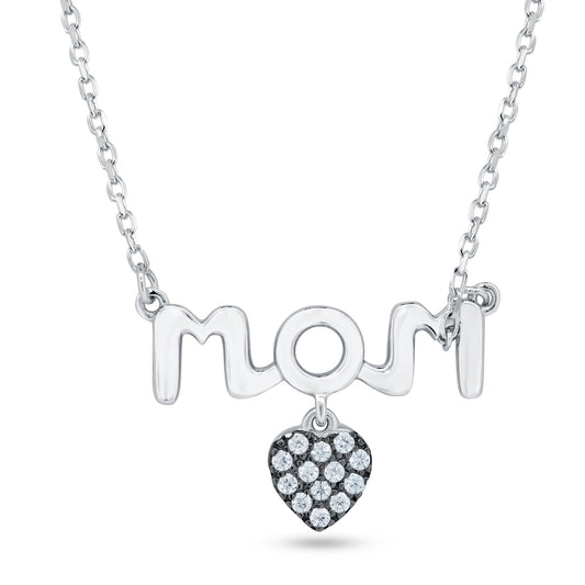 Rhodium Plated 925 Sterling Silver Mom Cute Promise Heart CZ Necklace 16+2" Long
