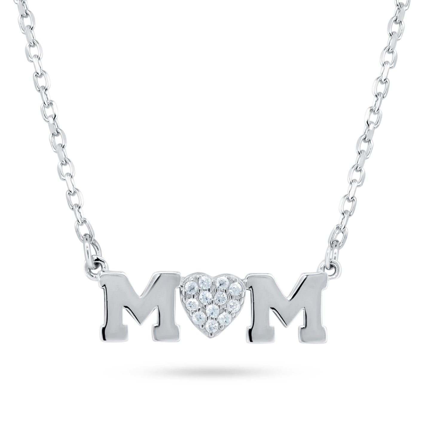 Rhodium Plated 925 Sterling Silver Mom Day Heart Love CZ Necklace 16+2" Length