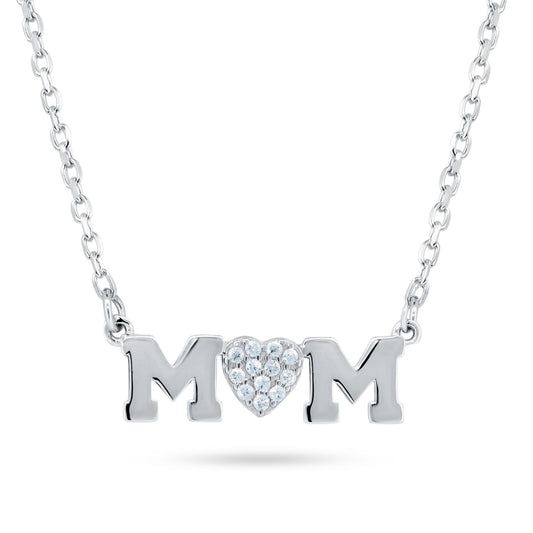 Rhodium Plated 925 Sterling Silver Mom Day Heart Love CZ Necklace 16+2" Length