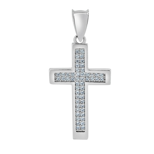 Rhodium Plated 925 Sterling Silver CZ Cross Christian Crucifix Catholic Pendant