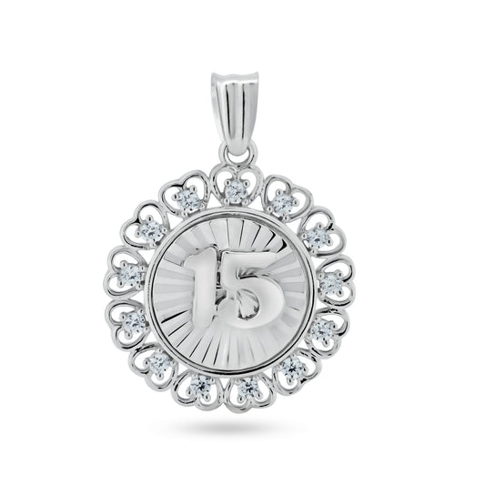 Rhodium Plated 925 Sterling Silver CZ Quinceanera 15 Years Heart Halo Pendant