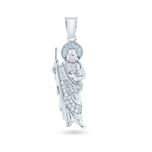 Rhodium Plated 925 Sterling Silver CZ St Jude Catholic Saint Christian Pendant