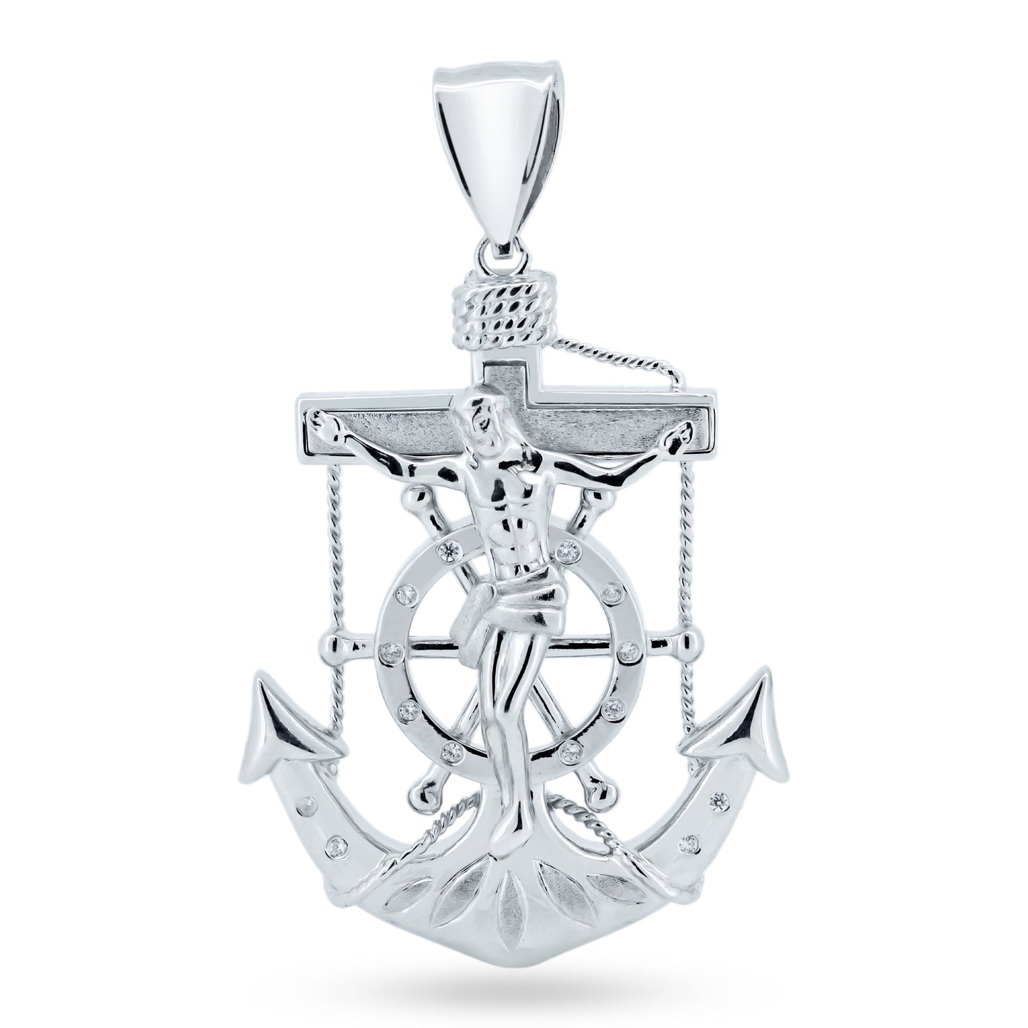 925 Sterling Silver Anchor Mariner Cross White CZ Christian Crucifix Pendant
