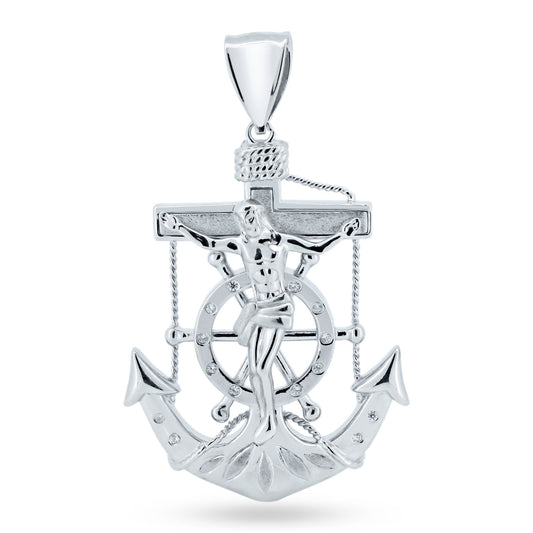925 Sterling Silver Anchor Mariner Cross White CZ Christian Crucifix Pendant