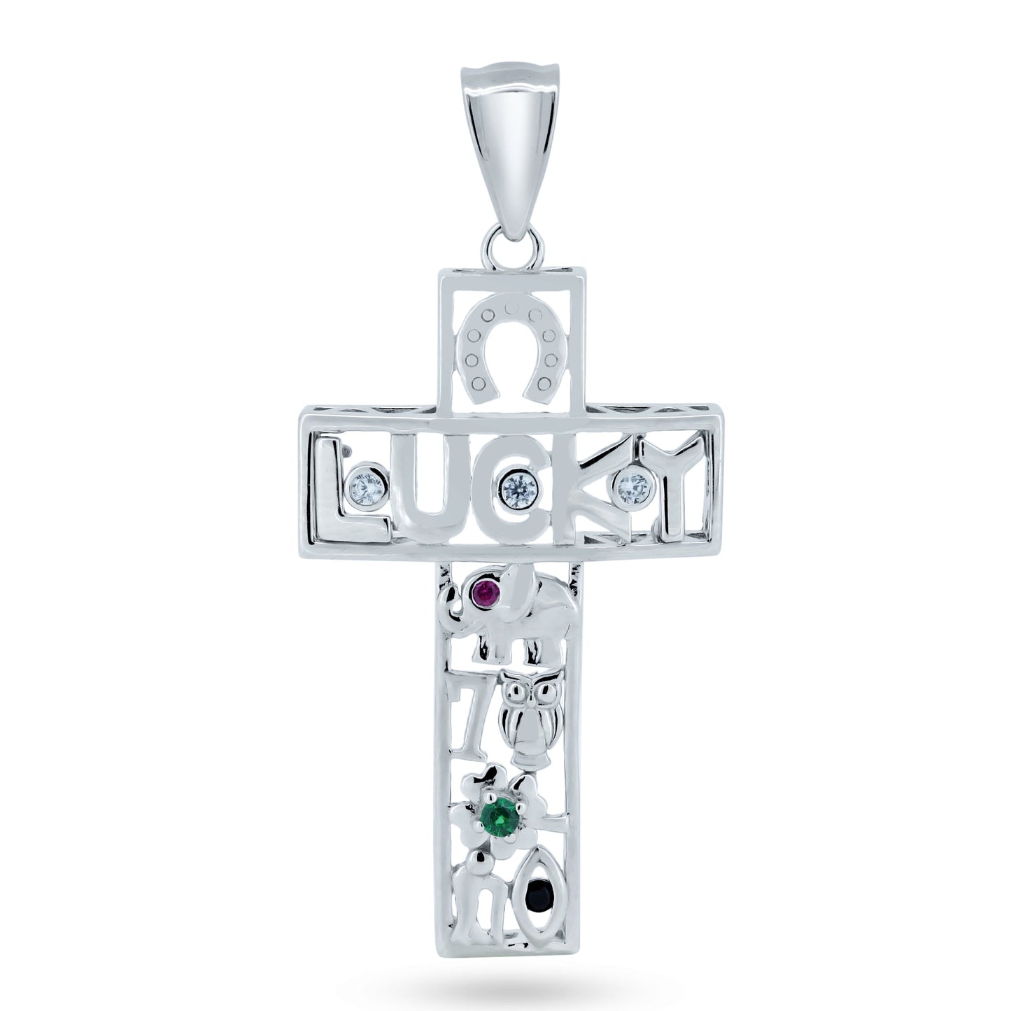 Rhodium Plated 925 Sterling Silver Lucky Cross CZ Horseshoe 7 Elephant Pendant