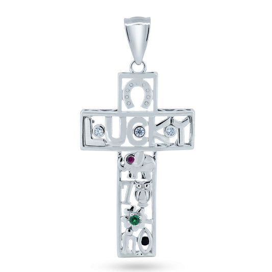 Rhodium Plated 925 Sterling Silver Lucky Cross CZ Horseshoe 7 Elephant Pendant