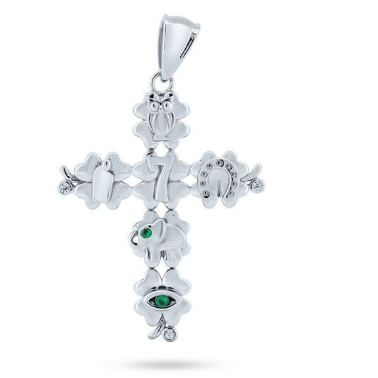 Rhodium Plated 925 Sterling Silver CZ Lucky Cross Pendant Good Luck 7 Omen Charm