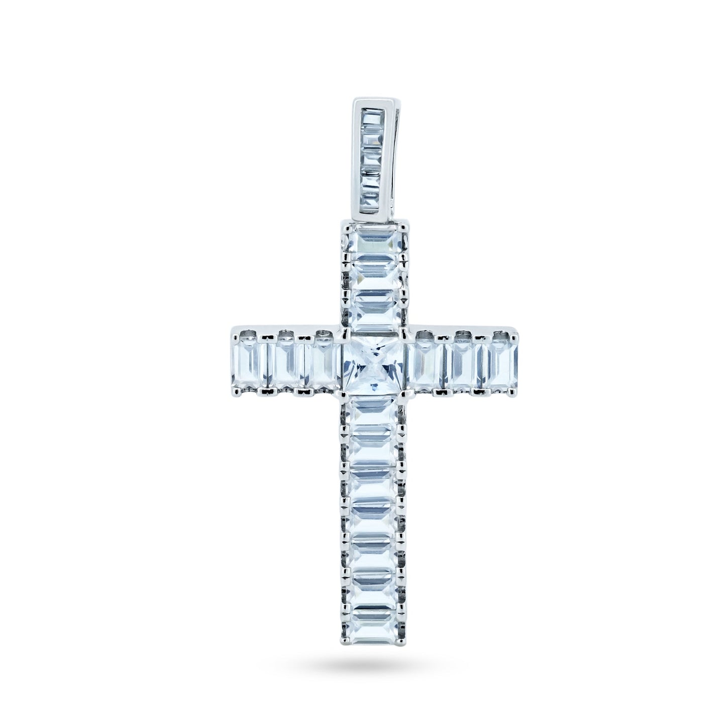 Rhodium Plated 925 Sterling Silver CZ Baguette Cross Christian Large Pendant