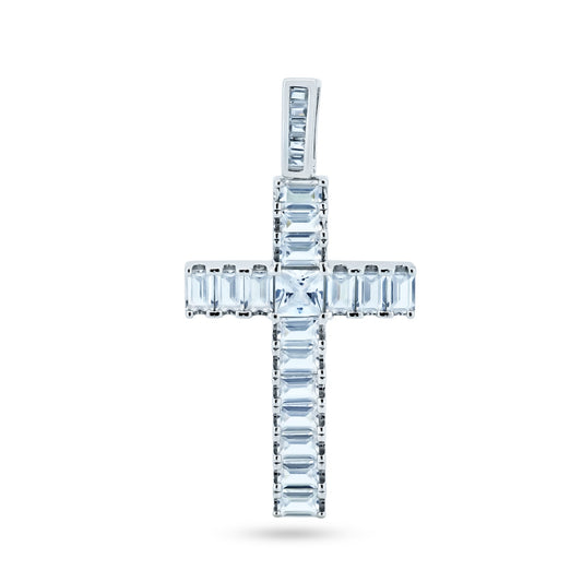 Rhodium Plated 925 Sterling Silver CZ Baguette Cross Christian Large Pendant