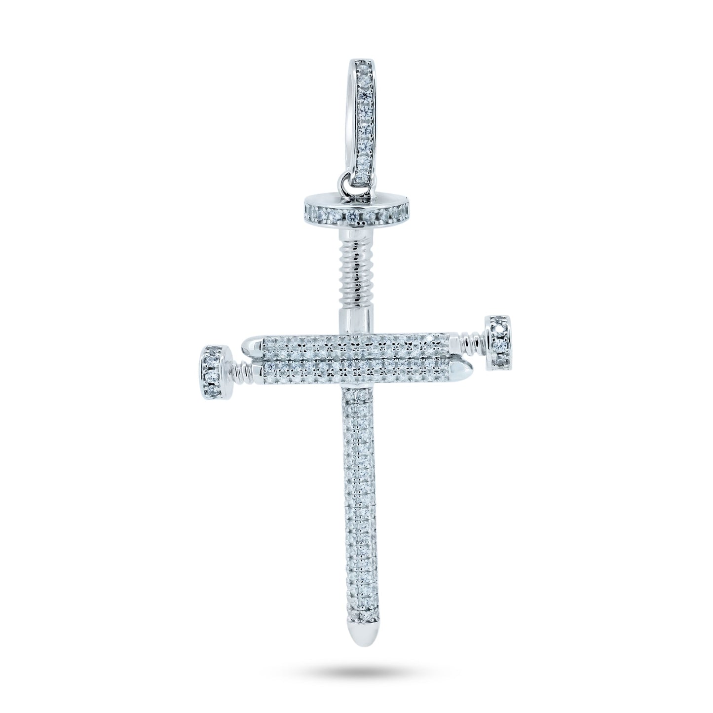 Rhodium Plated 925 Sterling Silver CZ Large Nail Cross Jesus Christian Pendant