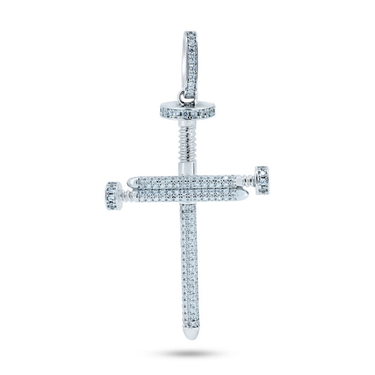 Rhodium Plated 925 Sterling Silver CZ Large Nail Cross Jesus Christian Pendant