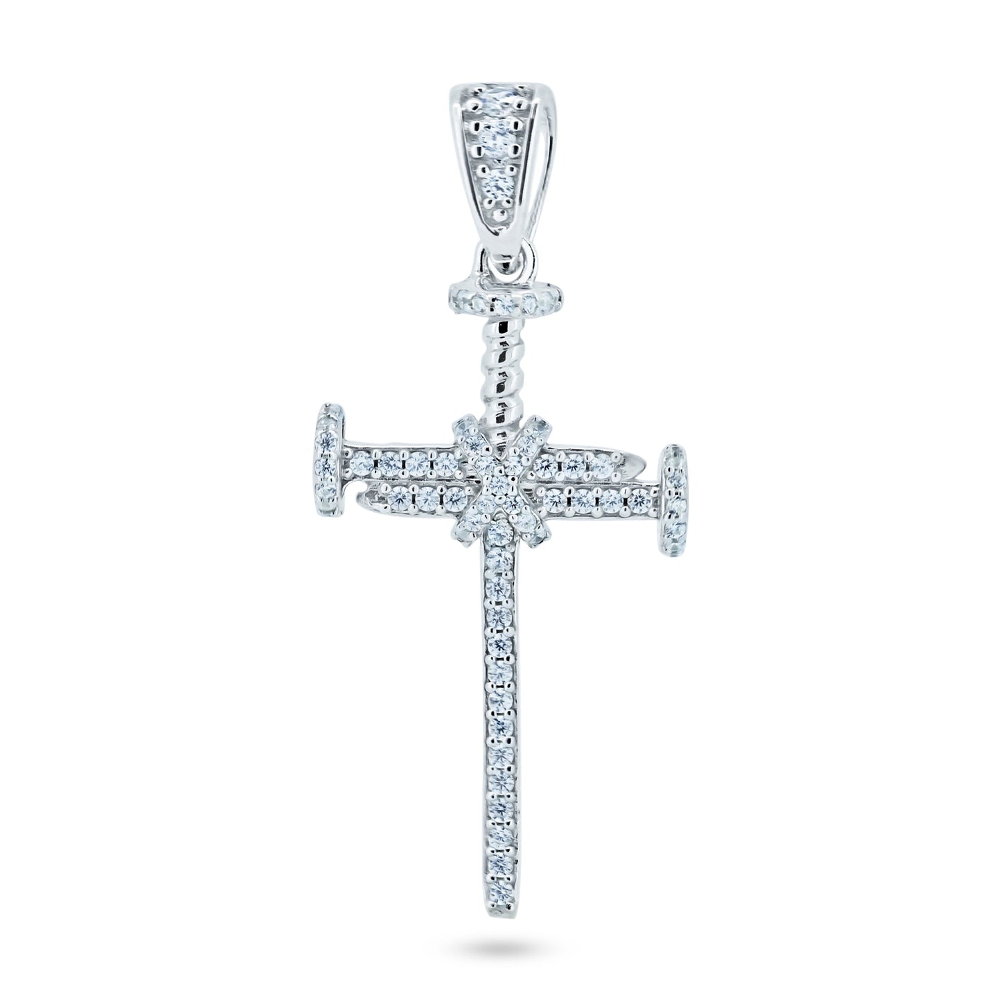 Rhodium Plated 925 Sterling Silver CZ Small Nail Cross Christian Jesus Pendant