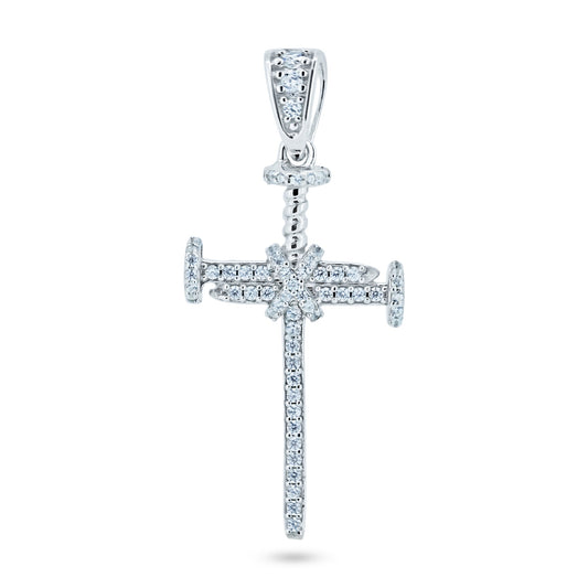 Rhodium Plated 925 Sterling Silver CZ Small Nail Cross Christian Jesus Pendant