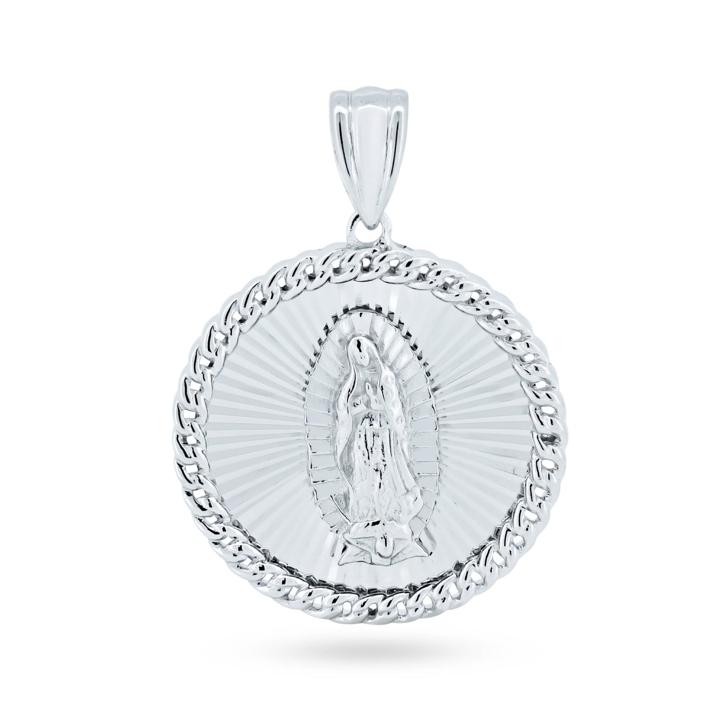 Rhodium Plated 925 Sterling Silver CZ Lady of Guadalupe Medallion Chain Pendant