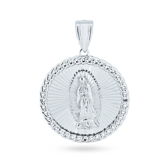Rhodium Plated 925 Sterling Silver CZ Lady of Guadalupe Medallion Chain Pendant