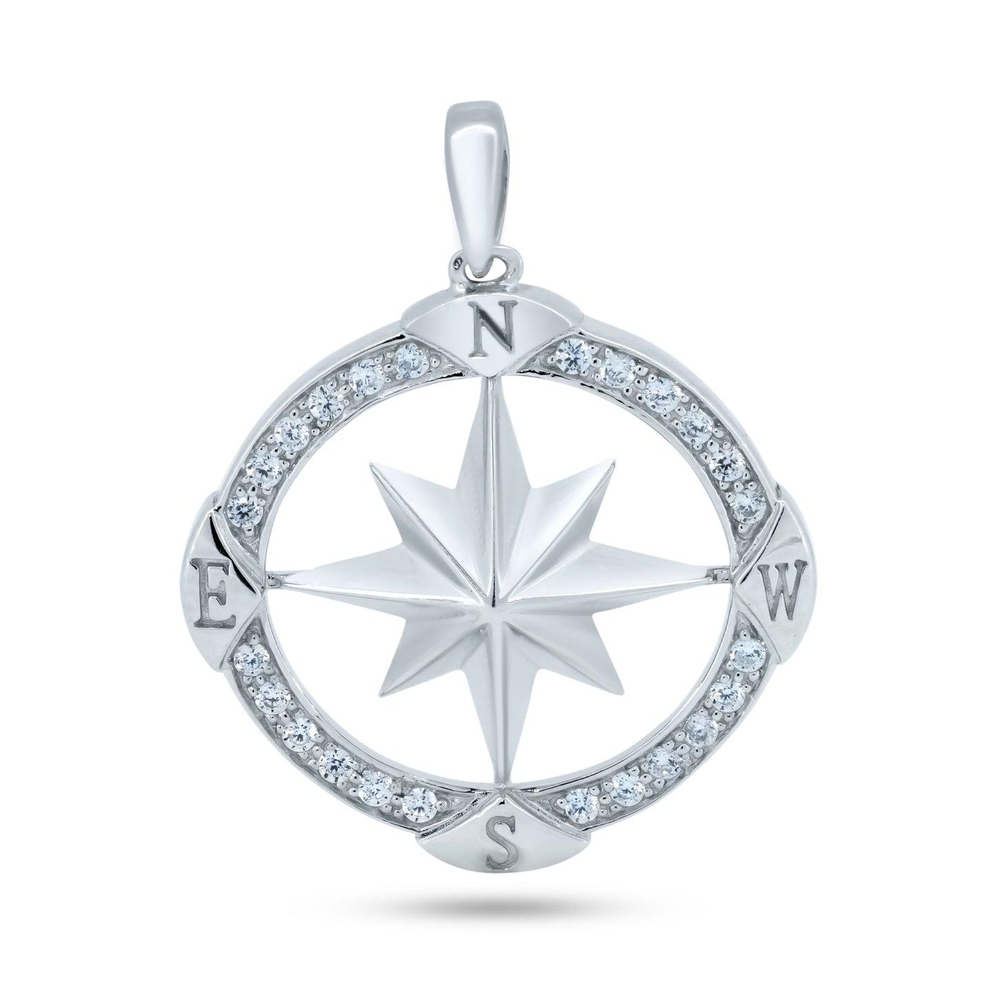 Rhodium Plated 925 Sterling Silver CZ Large Northern Star Compass Charm Pendant