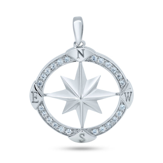 Rhodium Plated 925 Sterling Silver CZ Large Northern Star Compass Charm Pendant