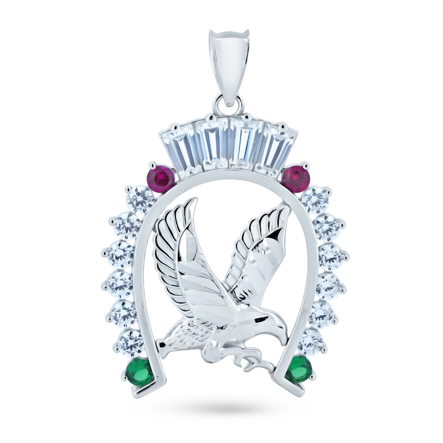 Rhodium Plated 925 Sterling Silver CZ Horse Shoe Eagle Center Good Luck Pendant