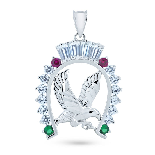 Rhodium Plated 925 Sterling Silver CZ Horse Shoe Eagle Center Good Luck Pendant
