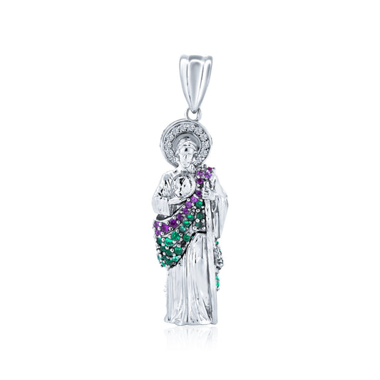 Rhodium Plated 925 Sterling Silver 3 Dimensional Red Green CZ Saint Jude Pendant