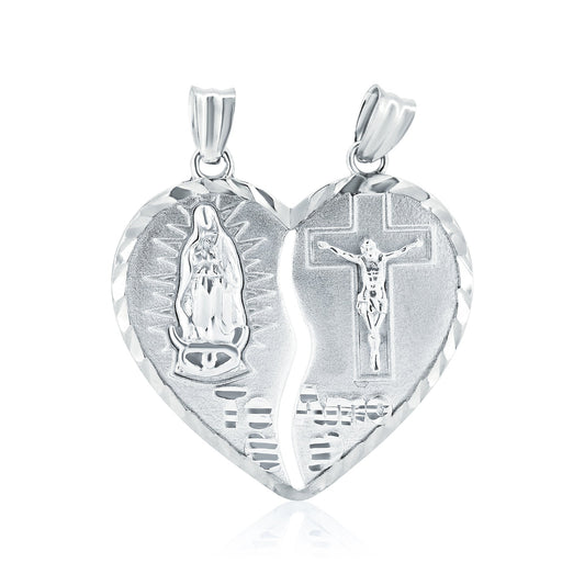 925 Sterling Silver Friendship Love Guadalupe Cross Crucifix Heart Love Pendant