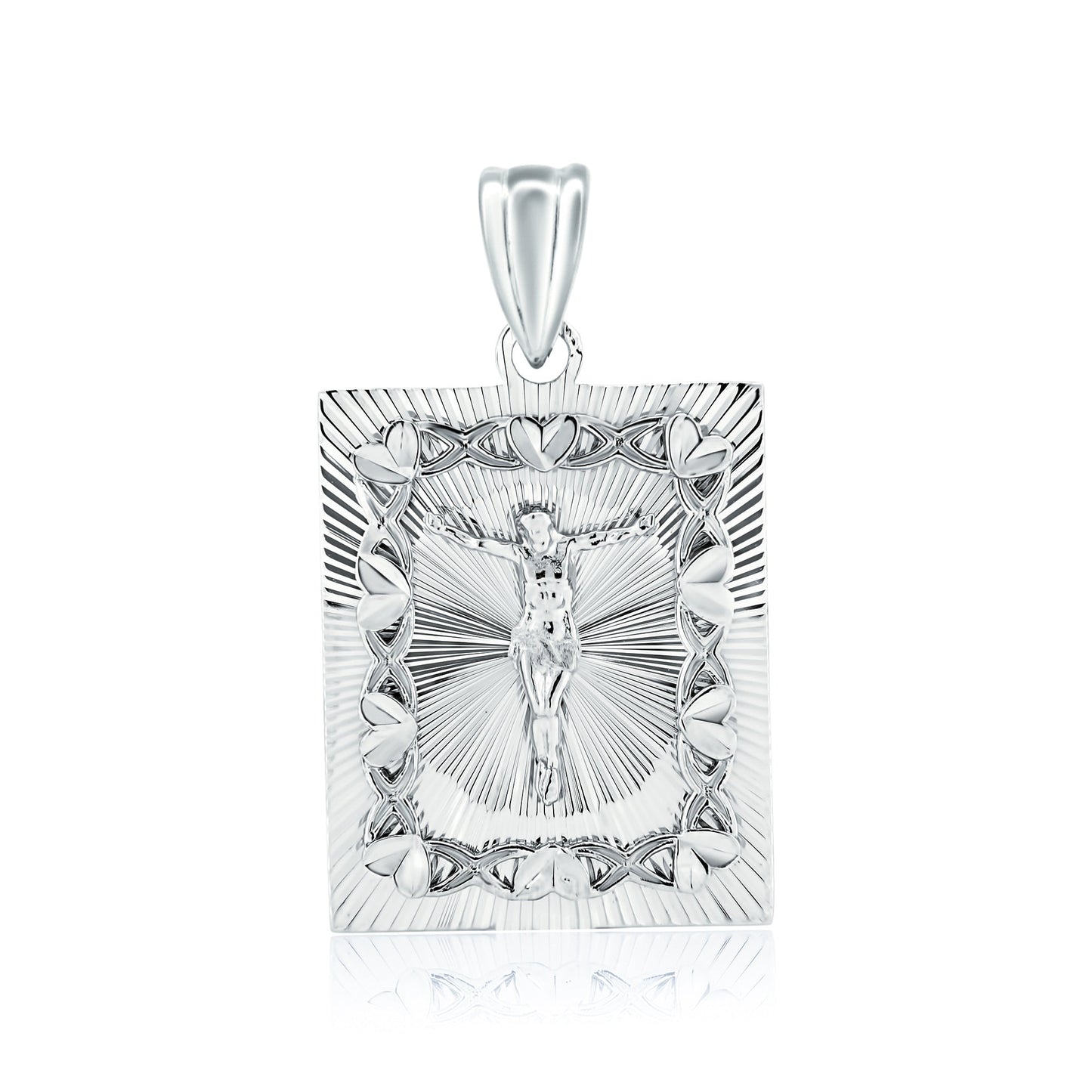 Rhodium Plated 925 Sterling Silver Diamond Cut Crucifix Square Love Pendant