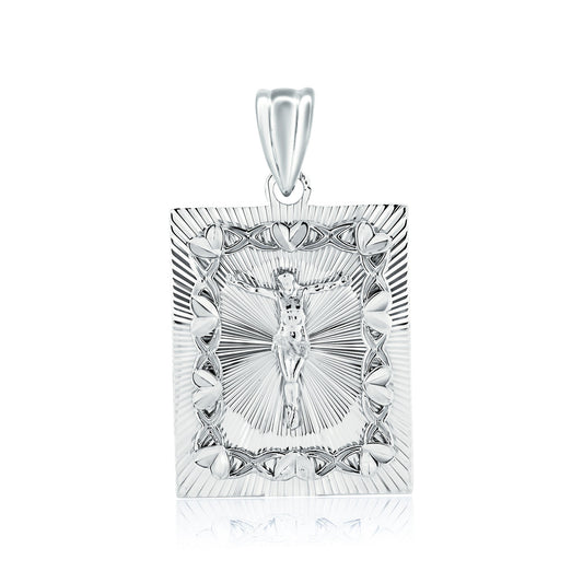 Rhodium Plated 925 Sterling Silver Diamond Cut Crucifix Square Love Pendant