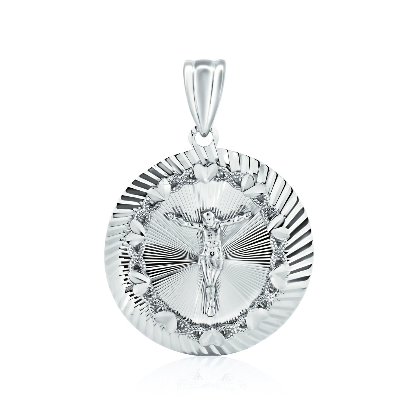 Rhodium Plated 925 Sterling Silver Diamond Cut Crucifix Round Pendant Medallion