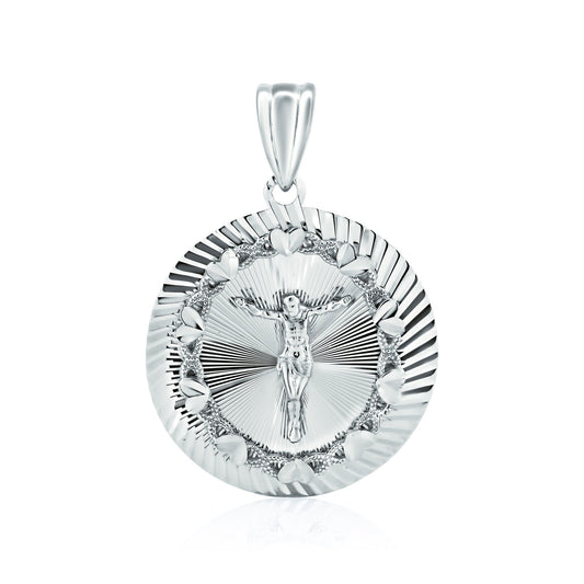Rhodium Plated 925 Sterling Silver Diamond Cut Crucifix Round Pendant Medallion