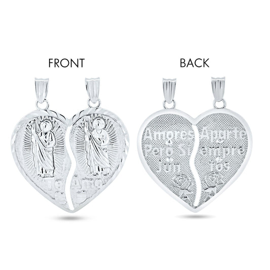 Rhodium Plated 925 Sterling Silver Broken Heart Saint Jude Design Latin Words