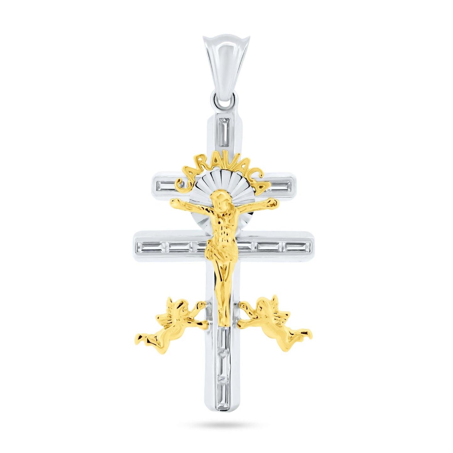 925 Sterling Silver Gold Plated 2 Toned Caravaca Cross Jesus Crucifix Pendant