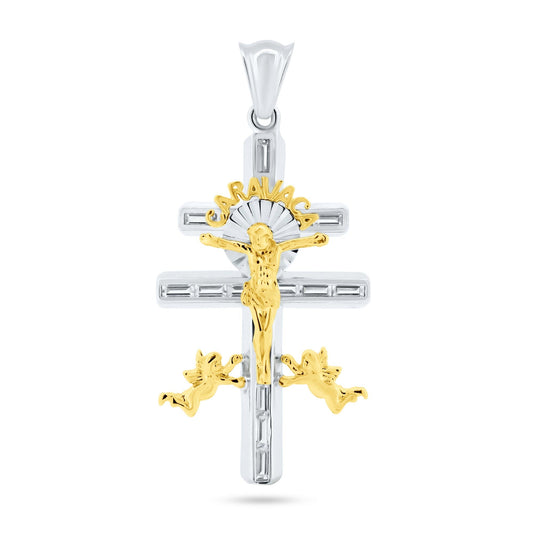 925 Sterling Silver Gold Plated 2 Toned Caravaca Cross Jesus Crucifix Pendant