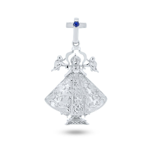 Rhodium Plated 925 Sterling Silver Blue CZ San Juan De Los Lagos Pendant Charm