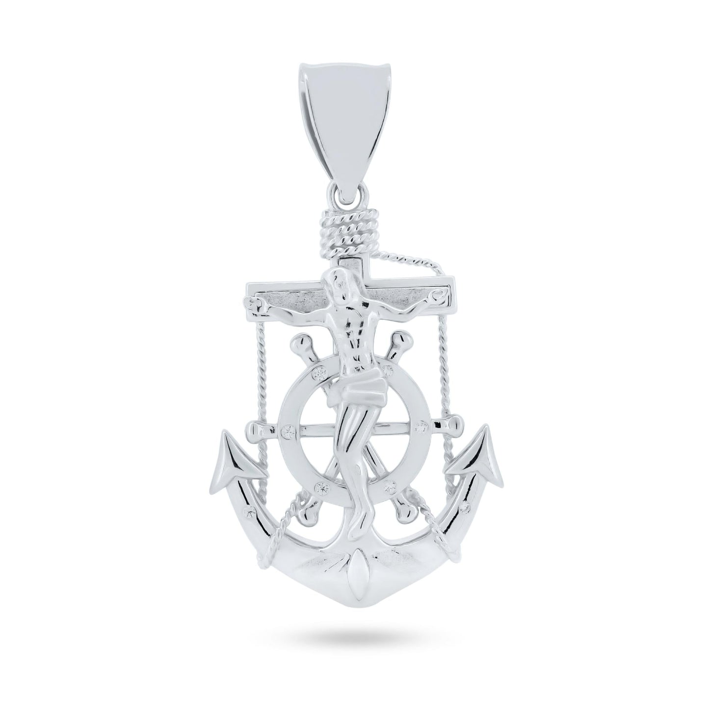 Rhodium Plated 925 Sterling Silver Anchor Helm Cross CZ Crucifix Jesus Pendant