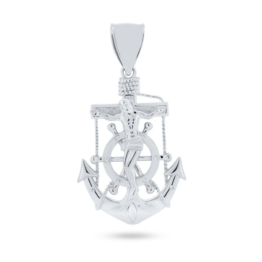 Rhodium Plated 925 Sterling Silver Anchor Helm Cross CZ Crucifix Jesus Pendant